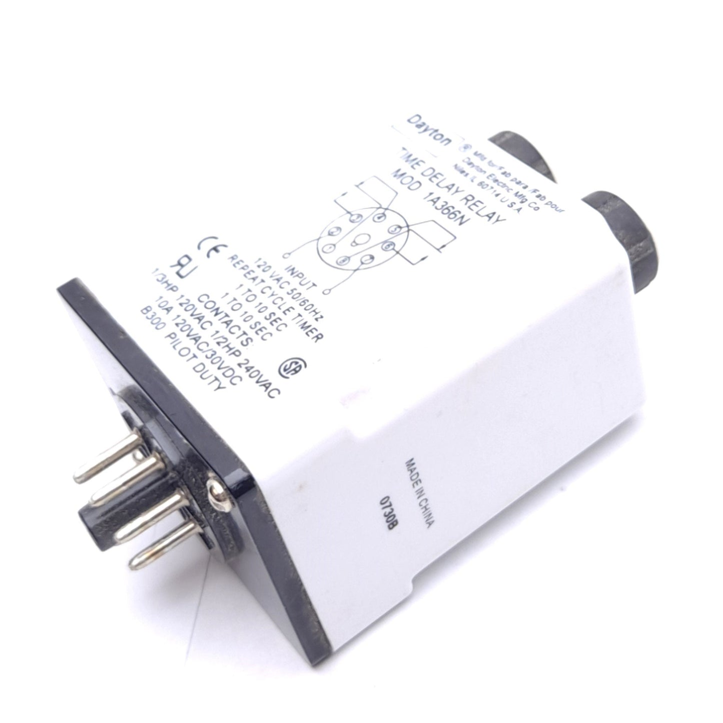 Used Dayton 1A366N Time Delay Relay, 8-Pin, 120VAC In, 0.1 to 10s, 120VAC 10A Contact