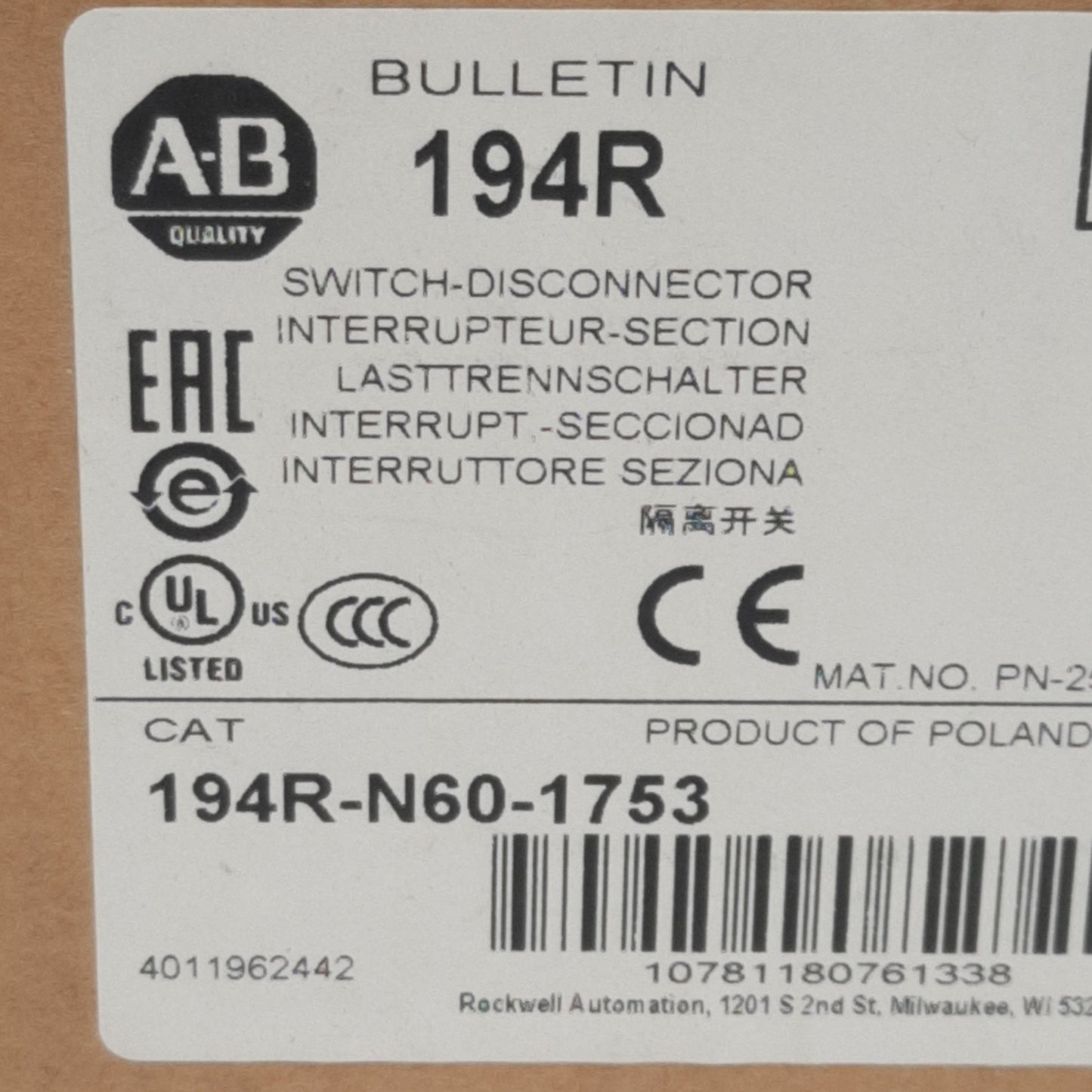 New Allen Bradley 194R-N60-1753 Disconnect Switch 3-Pole 3-PH, 60A 600VAC, Non-Fused