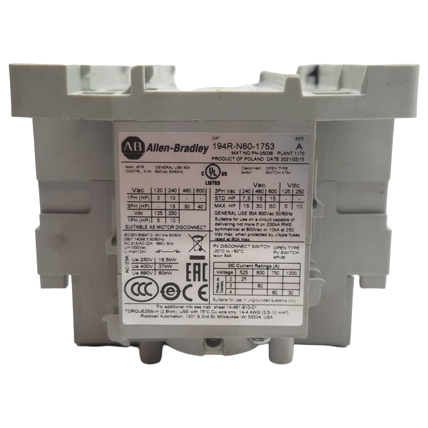 New Allen Bradley 194R-N60-1753 Disconnect Switch 3-Pole 3-PH, 60A 600VAC, Non-Fused