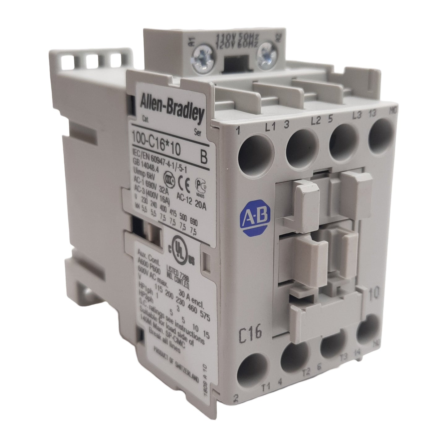 New Allen Bradley 100-C16D10 Contactor, 3-Pole + 1NO, 30A 600VAC, 110/120VAC Coil
