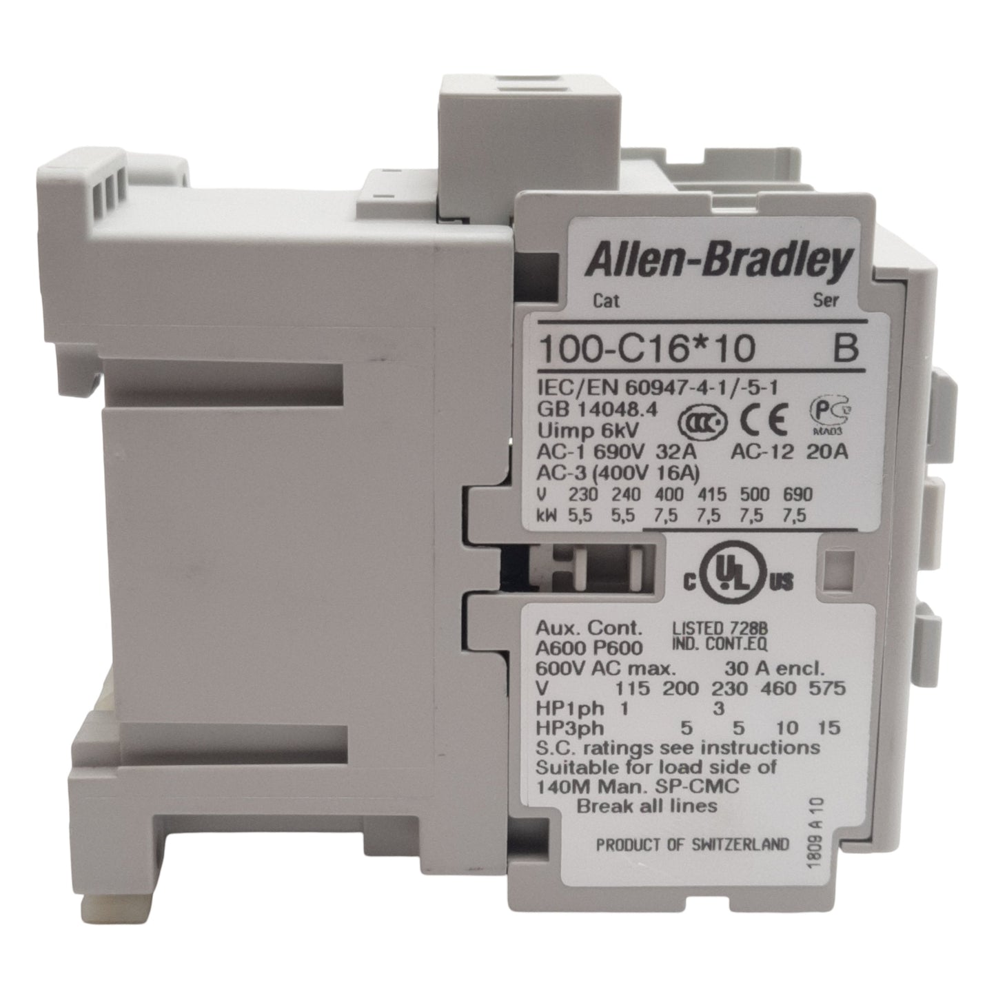 New Allen Bradley 100-C16D10 Contactor, 3-Pole + 1NO, 30A 600VAC, 110/120VAC Coil