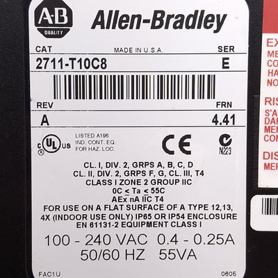 Used Allen Bradley 2711-T10C8 PanelView 1000 Touchscreen HMI, 10.1" Color, 100-240VAC