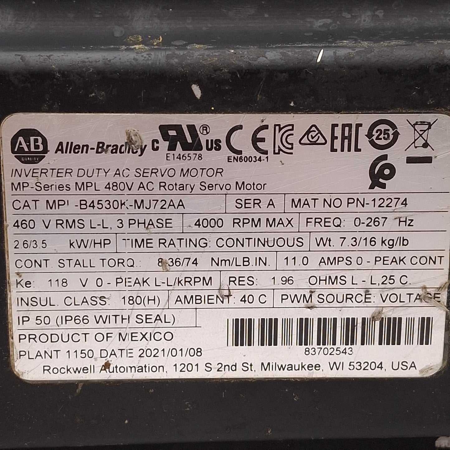 Used Allen Bradley MPL-B4530K-MJ72AA Servo Motor, 3Ø 460VAC 2.6kW, ø130mm Bolt Circle