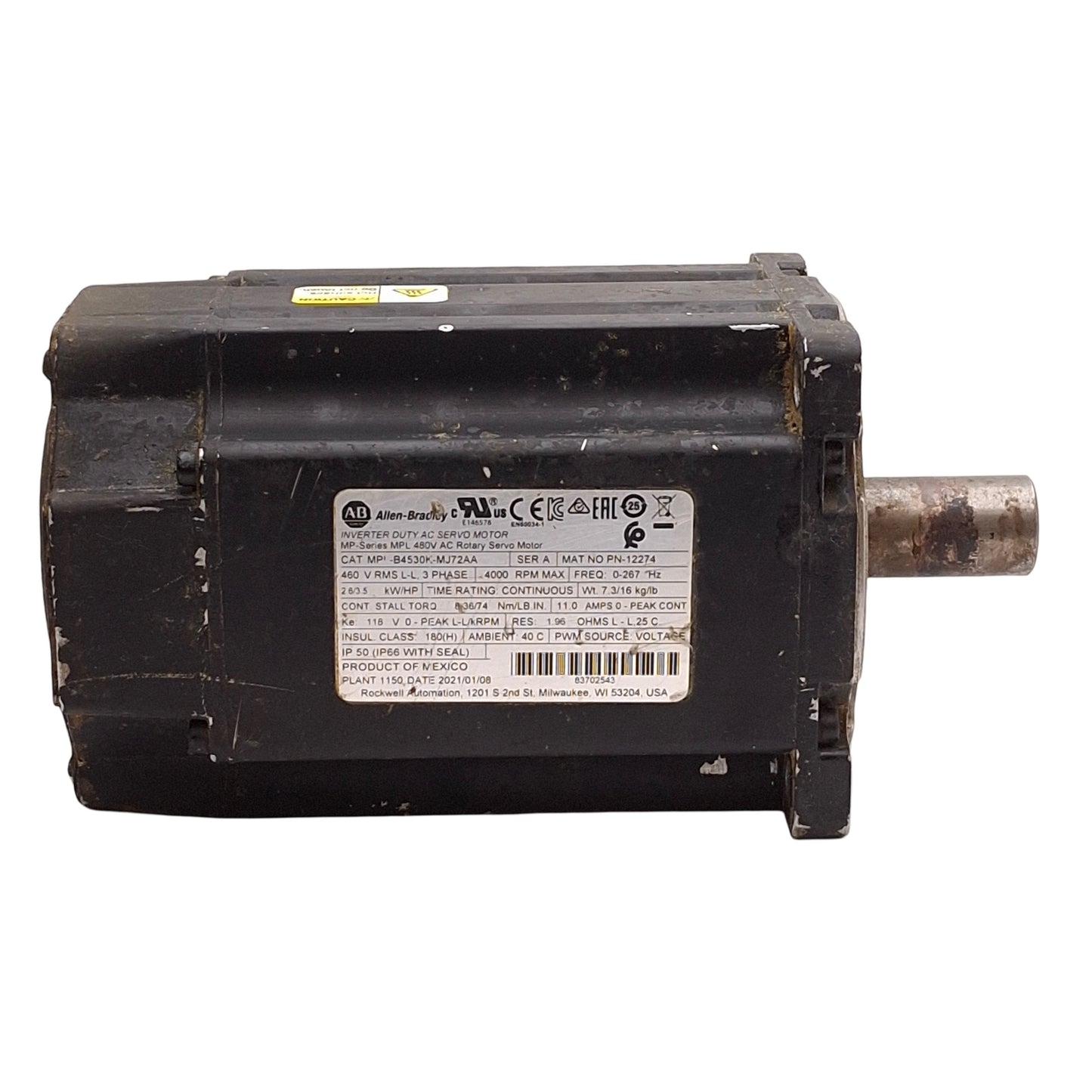 Used Allen Bradley MPL-B4530K-MJ72AA Servo Motor, 3Ø 460VAC 2.6kW, ø130mm Bolt Circle