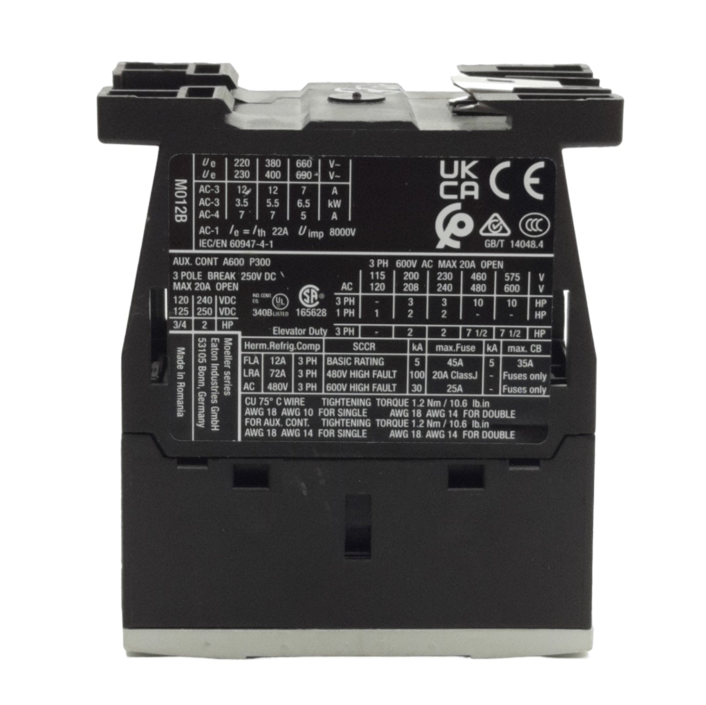 Used Eaton XTCE012B10 IEC Contactor, 3-P + 1NO, 10HP Max, 12A Contact, 24VDC Coil