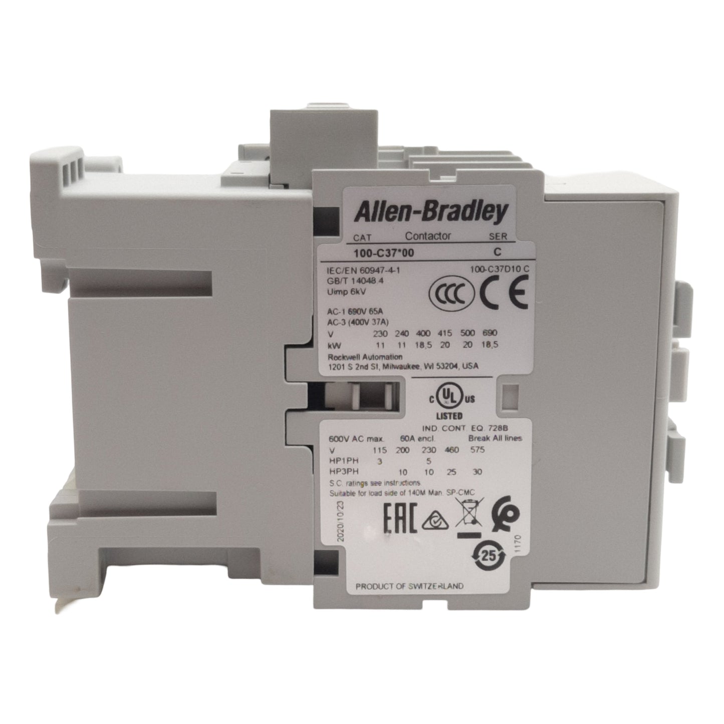 New Allen Bradley 100-C37D10 Contactor, 3-Pole + 1NO, 37A 600VAC, 110/120VAC Coil