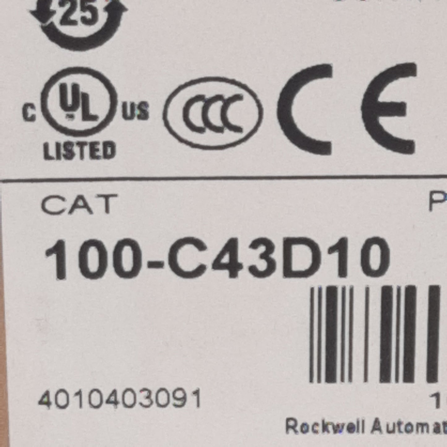 New Allen Bradley 100-C43D10 Contactor, 3-Pole + 1NO, 43A 600VAC, 110/120VAC Coil