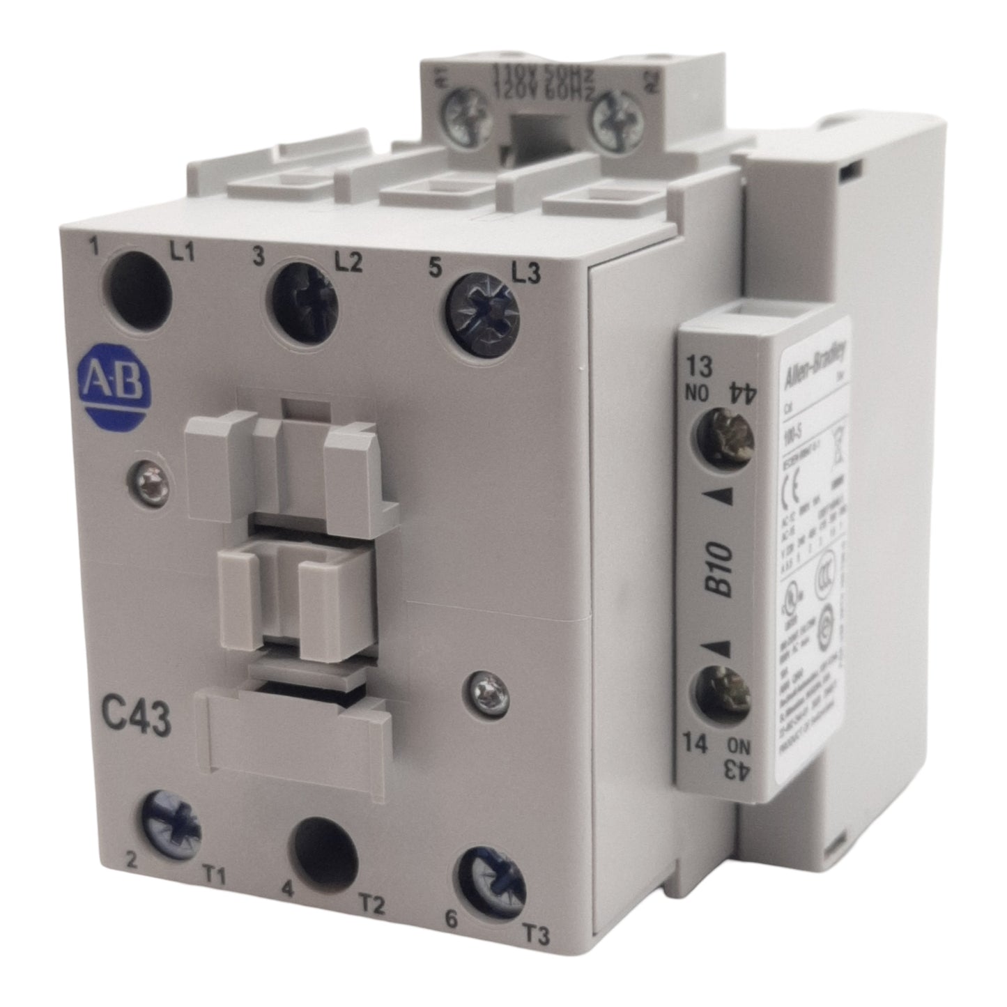 New Allen Bradley 100-C43D10 Contactor, 3-Pole + 1NO, 43A 600VAC, 110/120VAC Coil