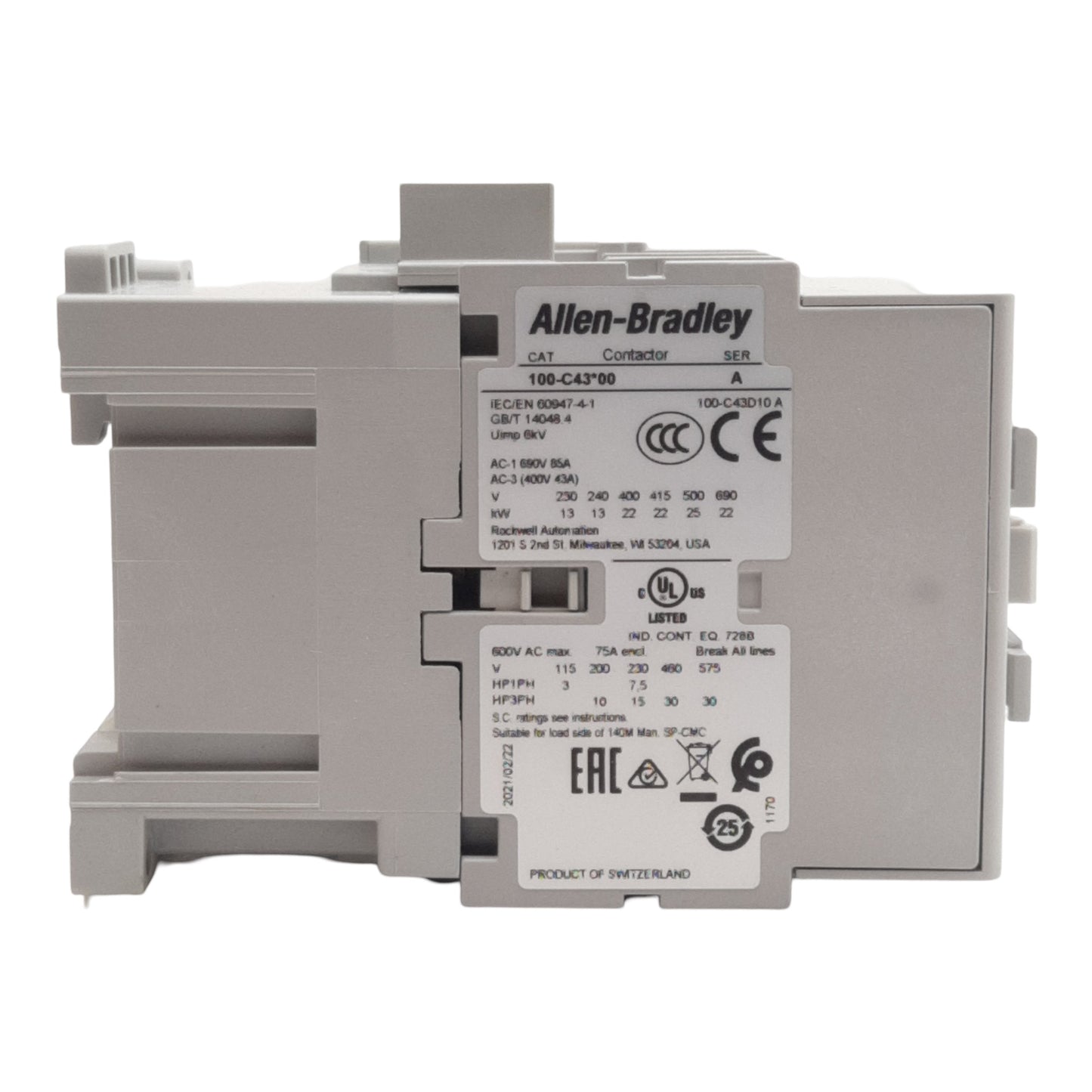 New Allen Bradley 100-C43D10 Contactor, 3-Pole + 1NO, 43A 600VAC, 110/120VAC Coil
