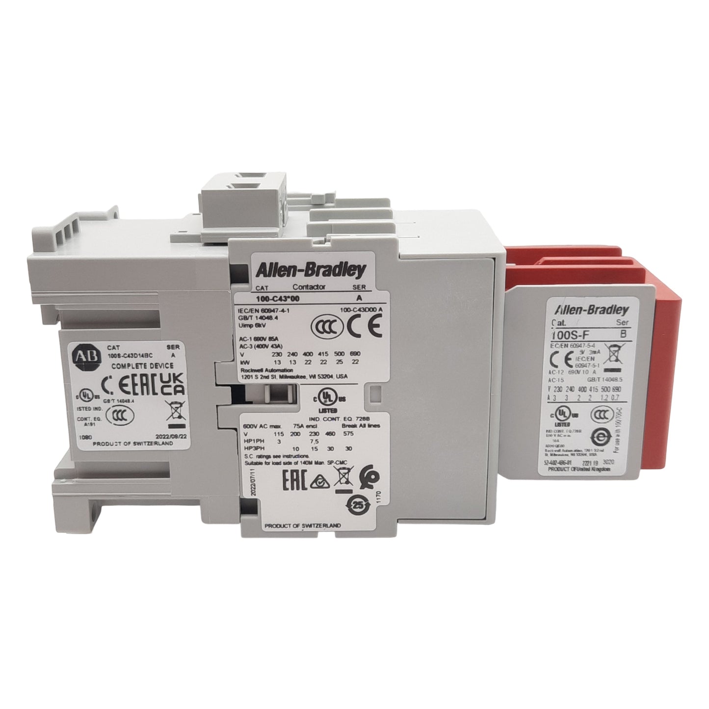 New Allen Bradley 100S-C43D14BC Safety Contactor, 3P 1NO 4NC, 43A 600VAC, 110/120VAC