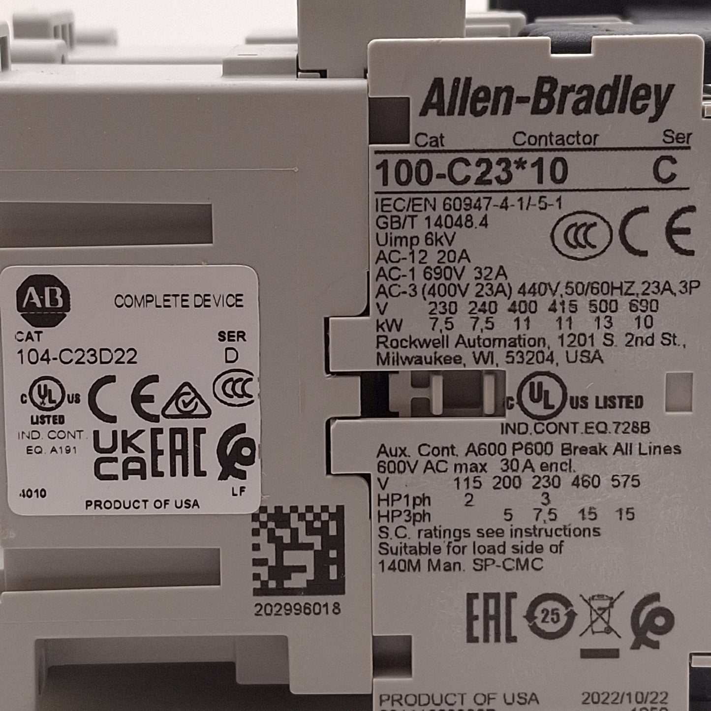 New Allen Bradley 104-C23D22 IEC Reversing Contactor 3-Pole 2NO+2NC, 23A 400VAC 11kW