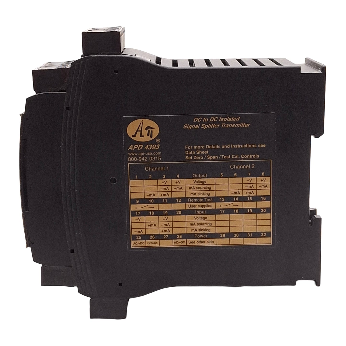Used API APD 4393 DC to DC Isolated Signal Splitter Transmitter, 4-20mA I/O, DIN Rail