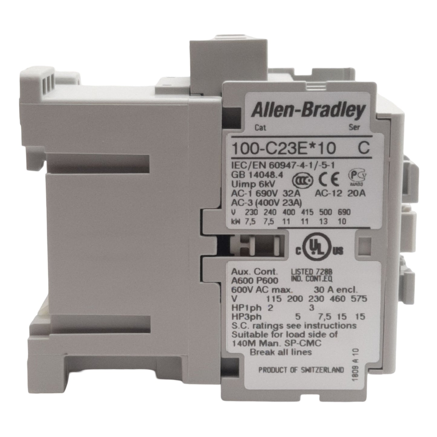 New Allen Bradley 100-C23EJ10 Contactor, 3-Pole + 1N.O., 23A 600VAC, 24VDC Coil