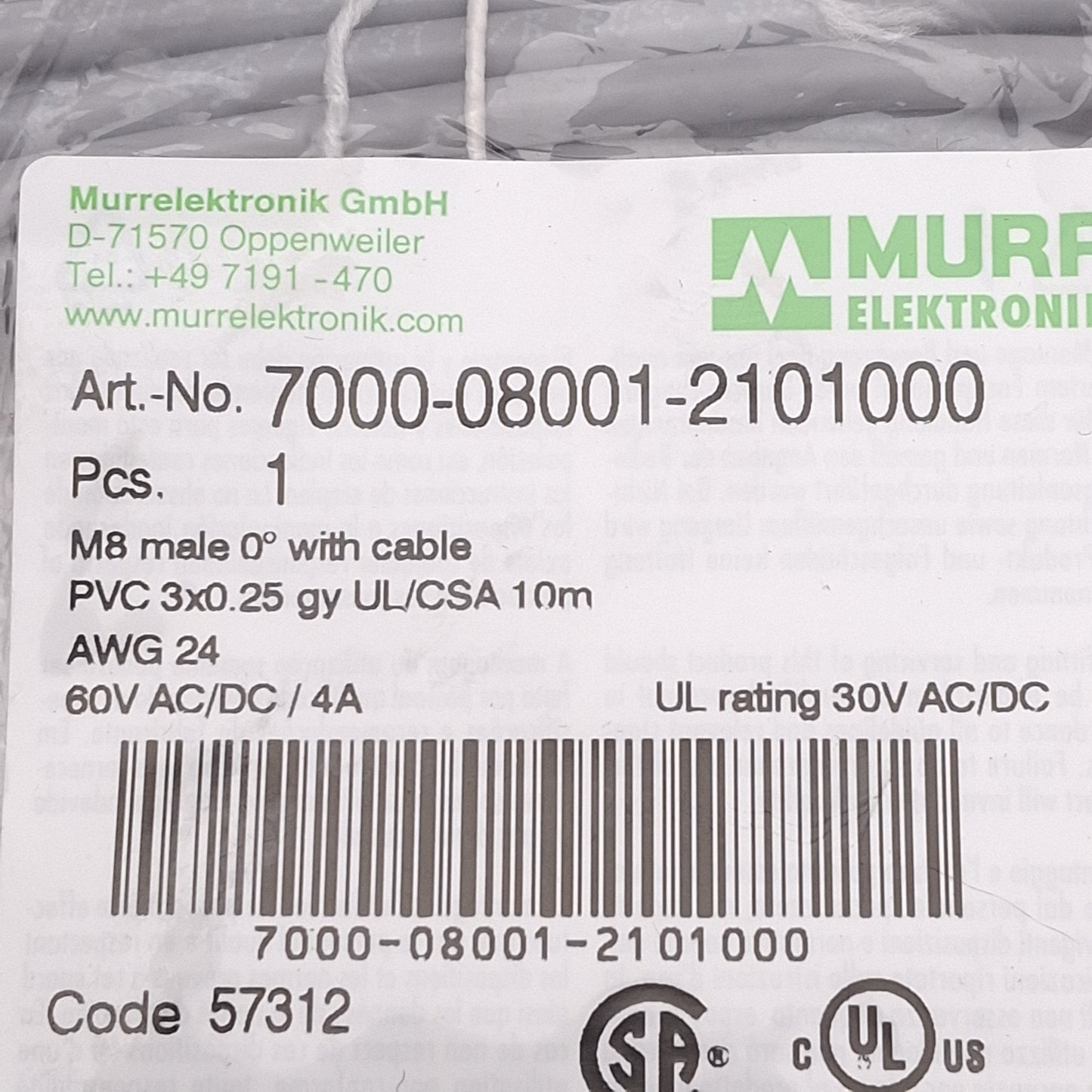 New Murr Elektronik 7000-08001-2101000 Cordset, A-Coded, M8 3-Pin Male, 60V 4A, 10m