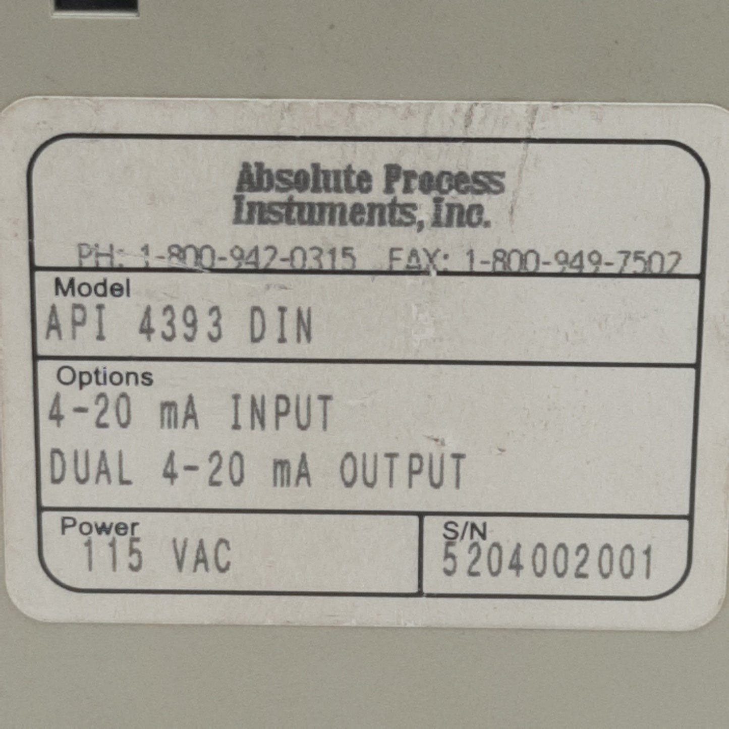 Used API API 4393 DIN DC to DC Isolated Signal Splitter Transmitter, 4-20mA In/Out