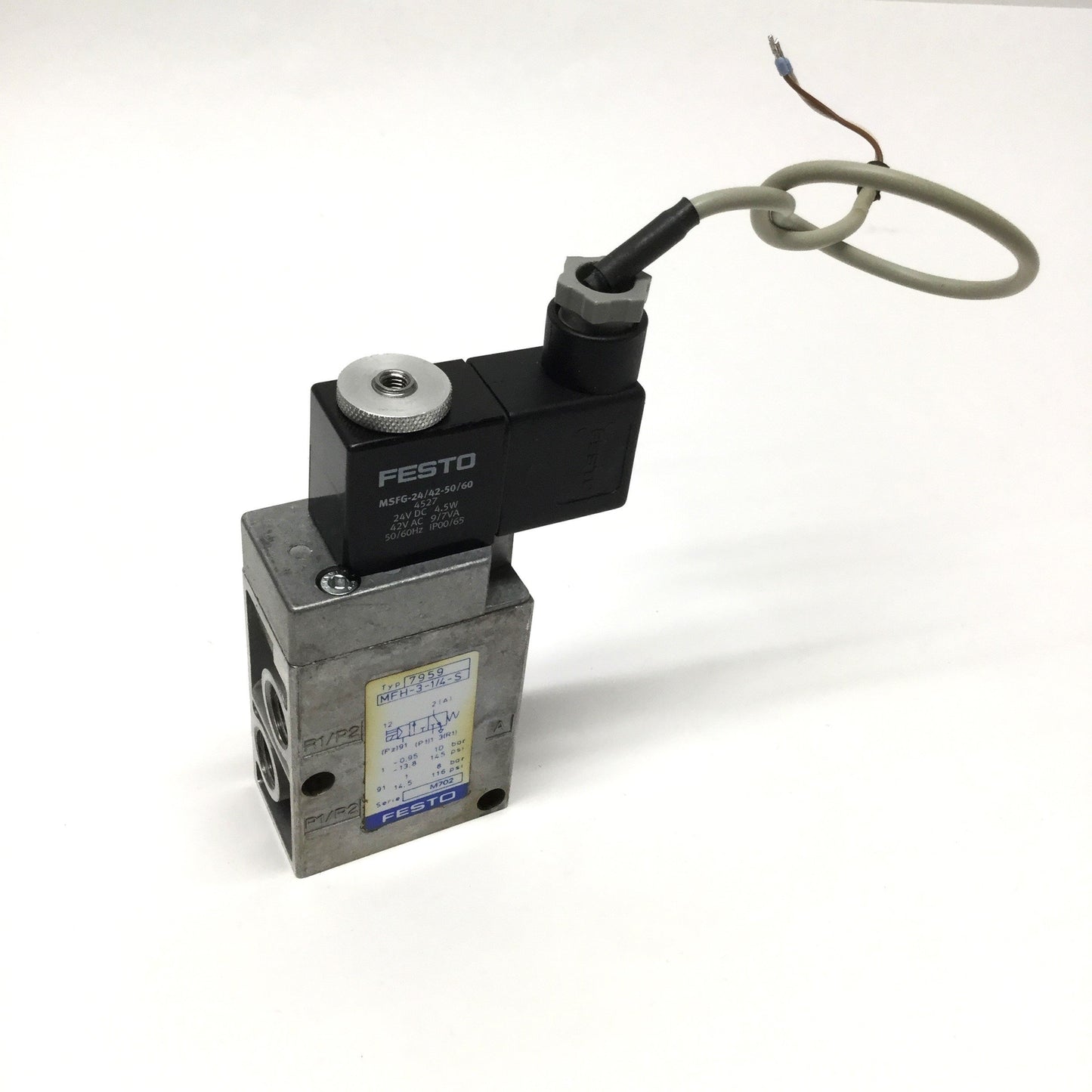 Used Festo MFH-3-1/4-S 7959 Solenoid Valve, 3-Port 2-Position, 24VDC / 42VAC Coil