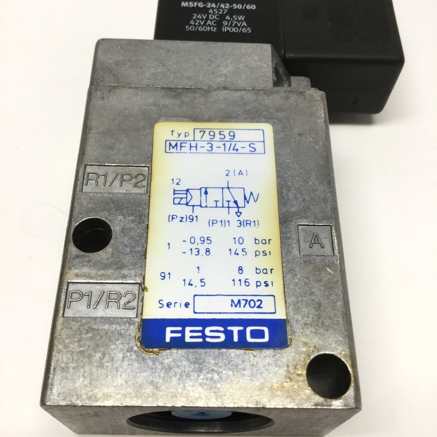 Used Festo MFH-3-1/4-S 7959 Solenoid Valve, 3-Port 2-Position, 24VDC / 42VAC Coil