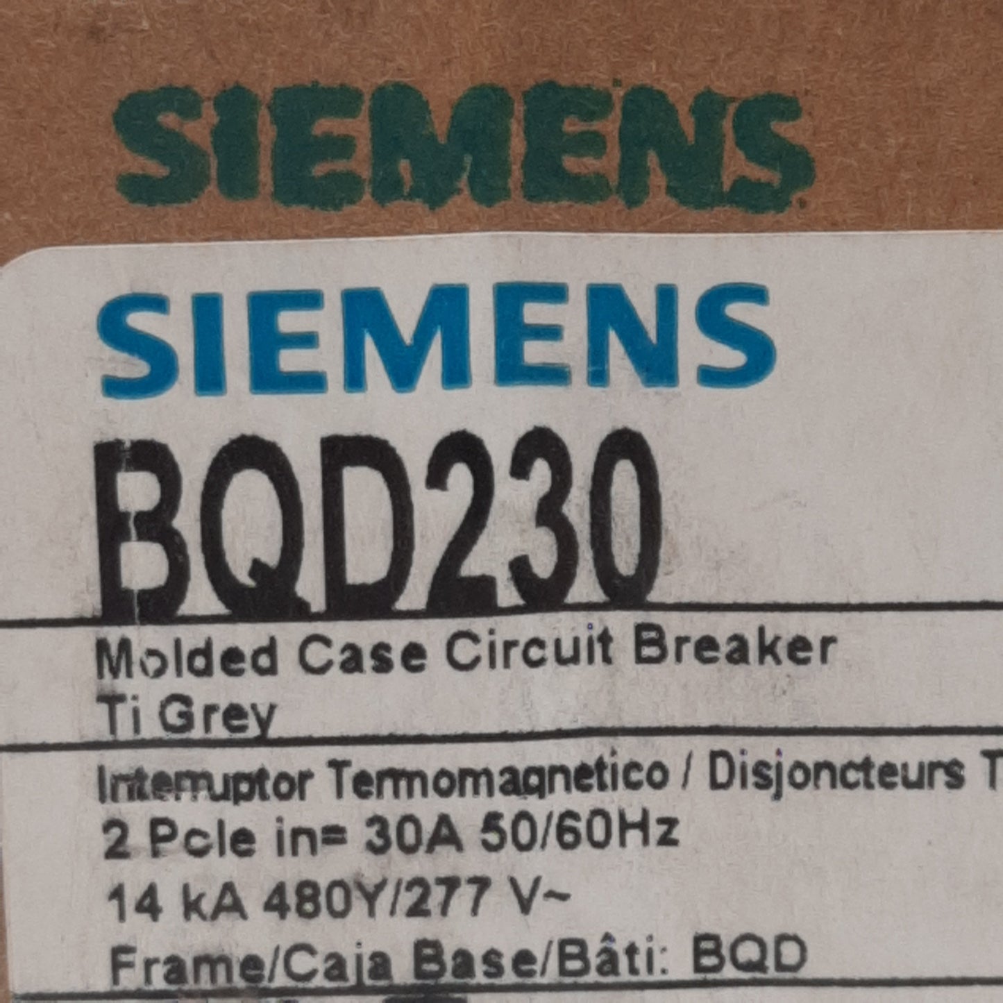 New Siemens BQD230 Circuit Breaker, 2-Pole 30A, 480Y/277VAC 3-Phase, 125/250VDC