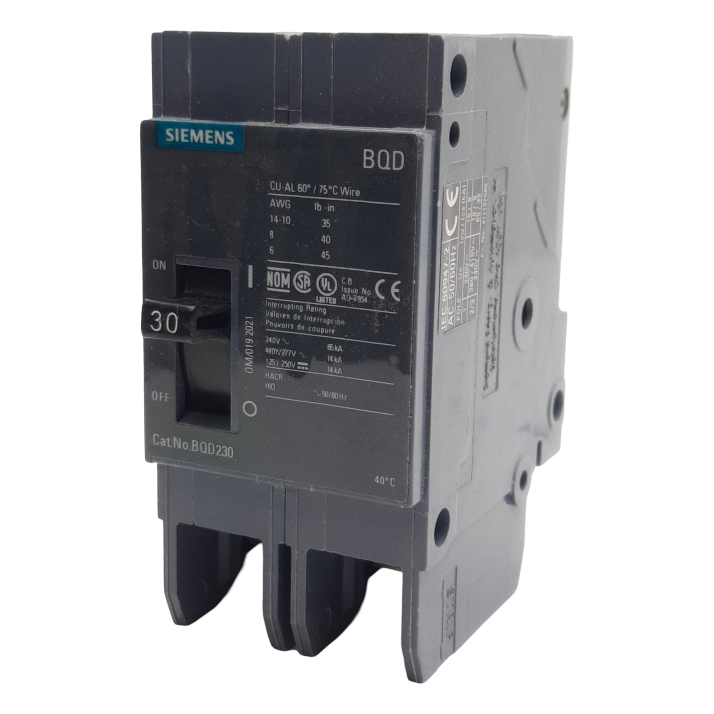 New Siemens BQD230 Circuit Breaker, 2-Pole 30A, 480Y/277VAC 3-Phase, 125/250VDC