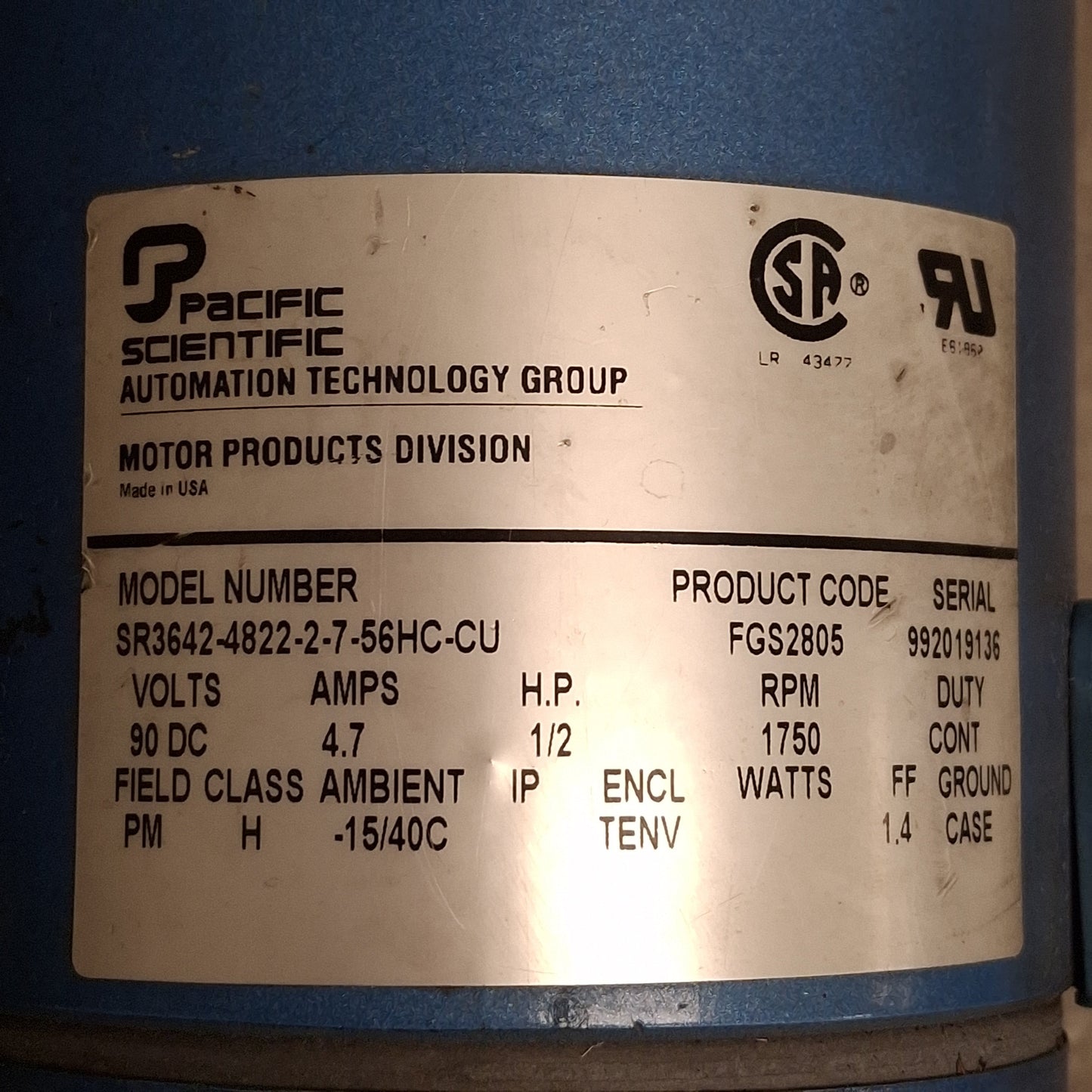 Used Pacific Scientific SR3642-4822-2-7-56HC-CU DC Motor, 90VDC 4.7A 1/2HP, 56C Frame