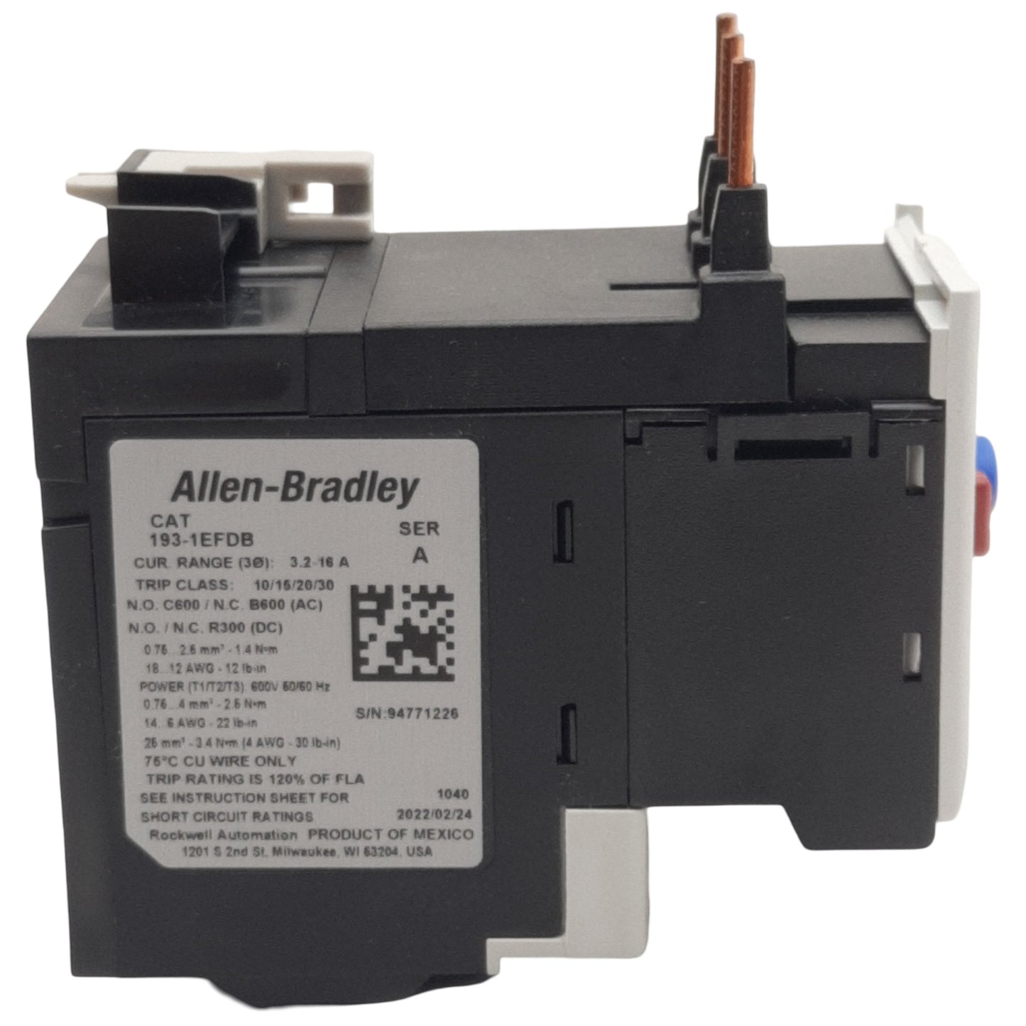 New Allen Bradley 193-1EFDB Thermal Overload Relay, 3.2-16A, 1N.O. + 1N.C., 600VAC