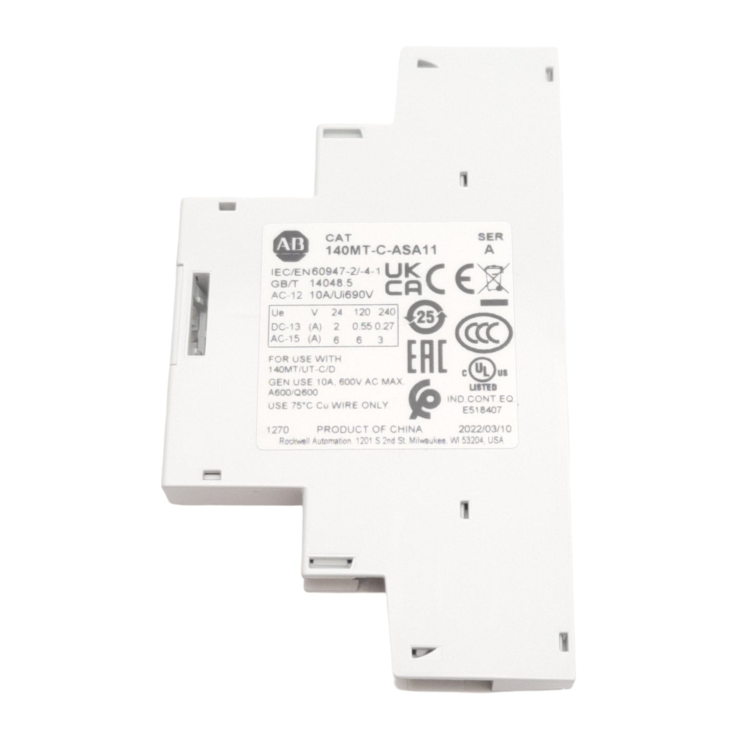 New Allen Bradley 140MT-C-ASA11 Auxiliary Contact Block, 2-Pole, 1NO 1NC, 10A 600VAC