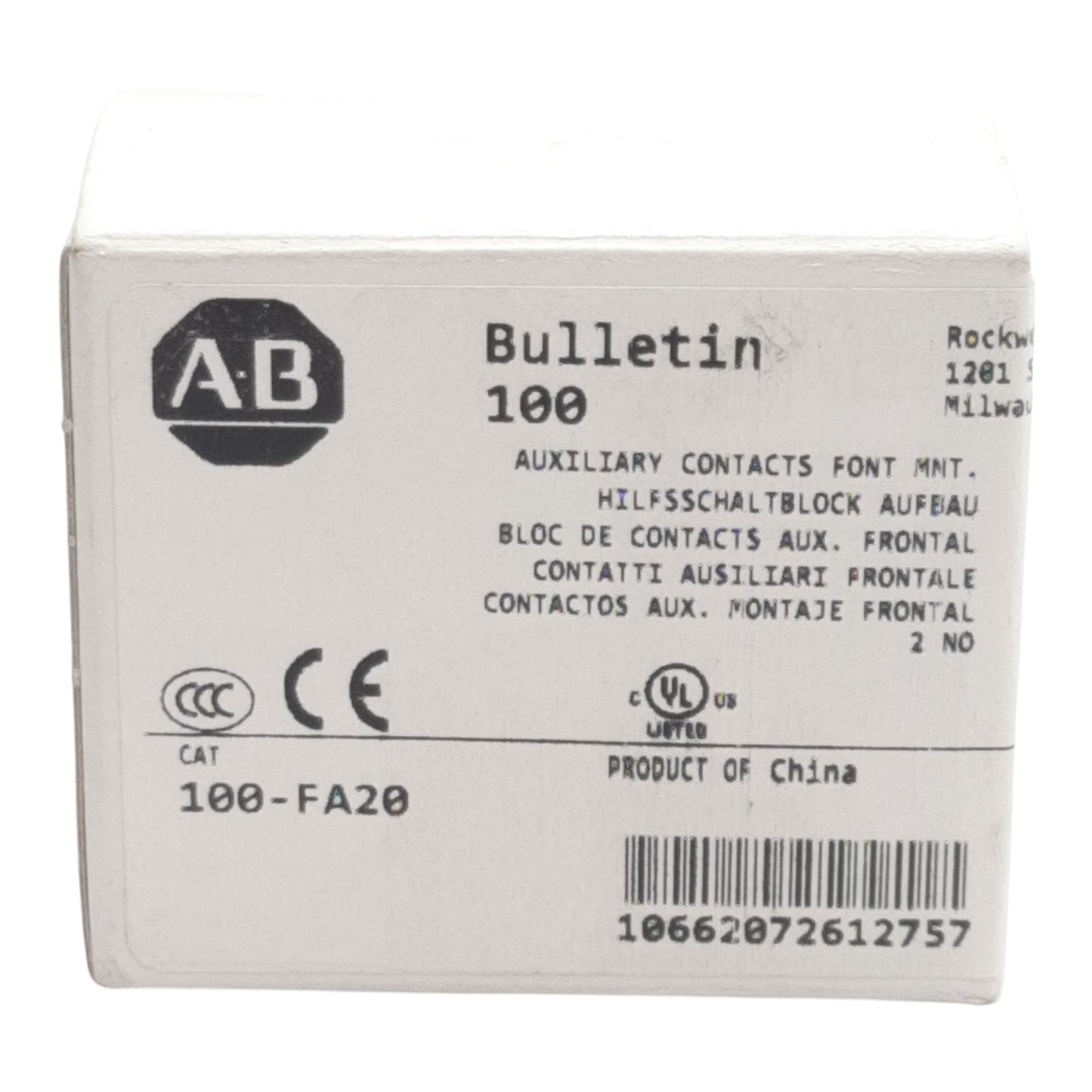 New Allen Bradley 100-FA20 Auxiliary Contact Block, 2-Pole, 2N.O., 10A 600VAC