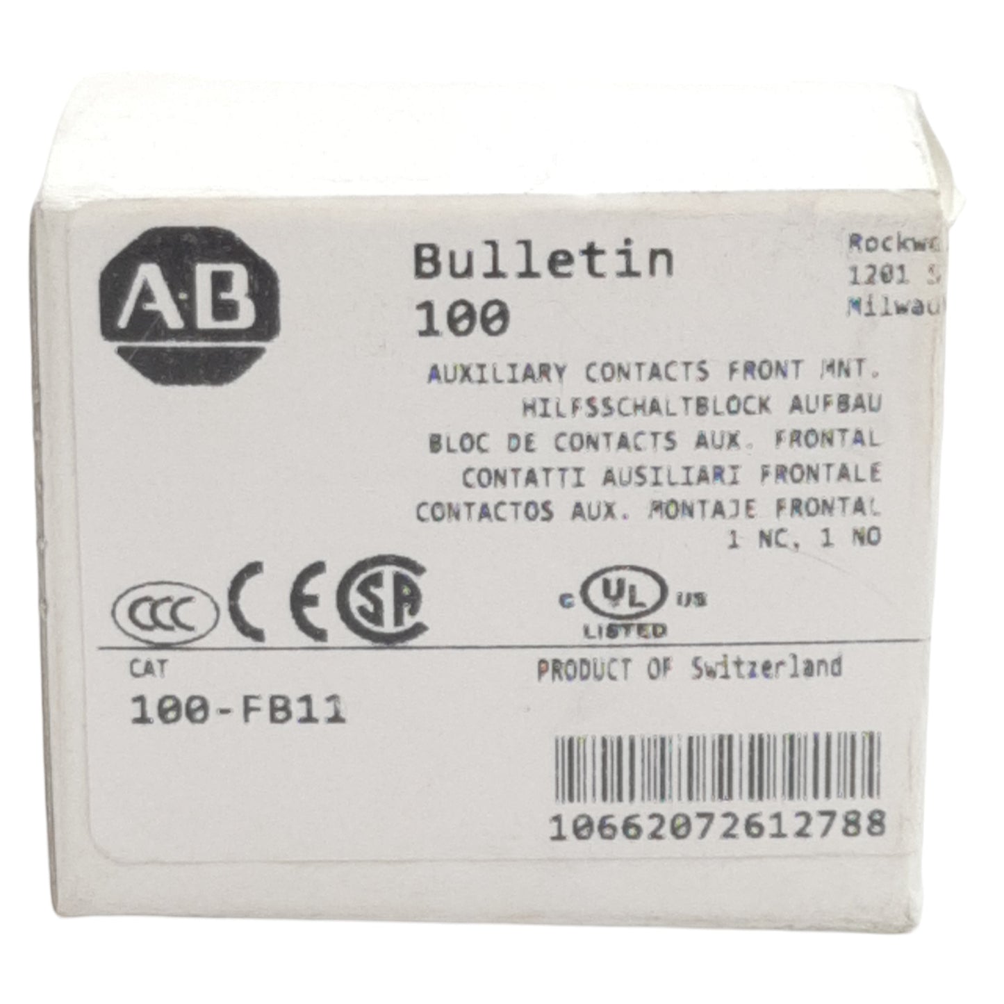 New Allen Bradley 100-FB11 Auxiliary Contact Block, 2-Pole, 1NO + 1NC, 10A 600VAC
