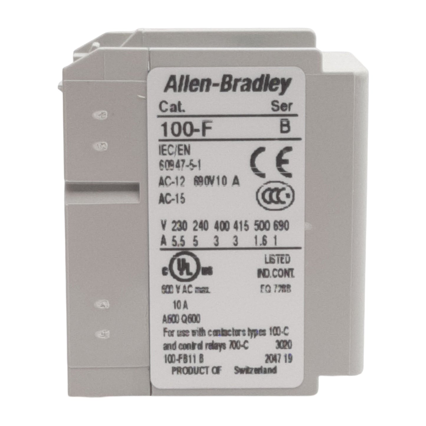 New Allen Bradley 100-FB11 Auxiliary Contact Block, 2-Pole, 1NO + 1NC, 10A 600VAC