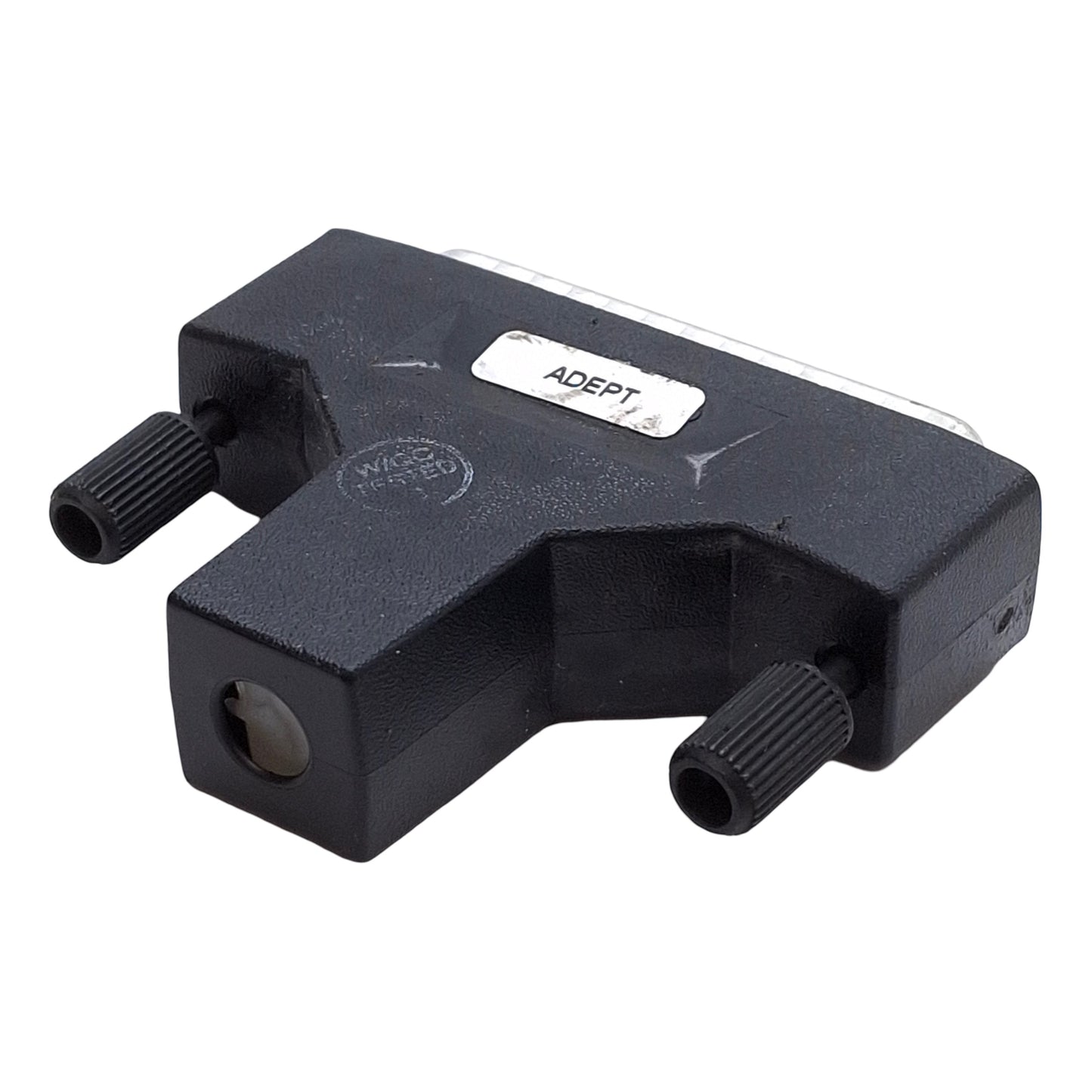Used Adept Technology I/O E-STOP/D-MAN 4-Pin Jumper Dongle, DB50 Male Profile, Black