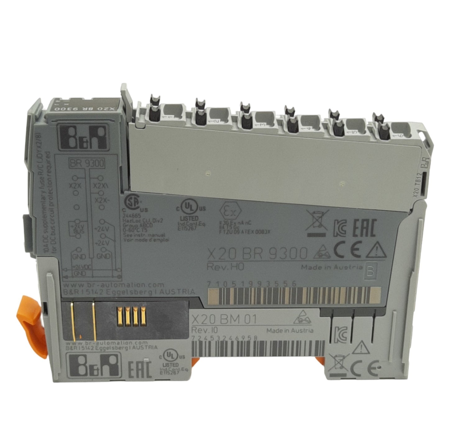 Used B&R Automation X20BR9300 X2X Link Bus Receiver 24VDC 0.7 Amp w/ X20BM01 Module