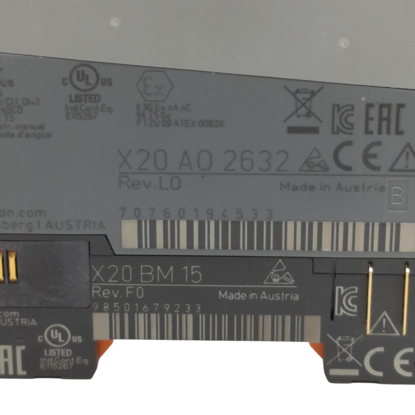Used B&R X20A02632 I/O PLC Module, 2 Analog Outputs, +/-10V or 0-20mA, 16-bit