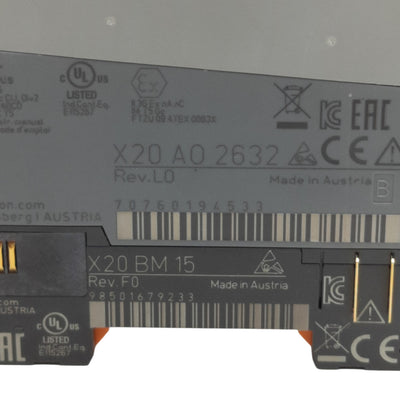 Used B&R X20A02632 I/O PLC Module, 2 Analog Outputs, +/-10V or 0-20mA, 16-bit
