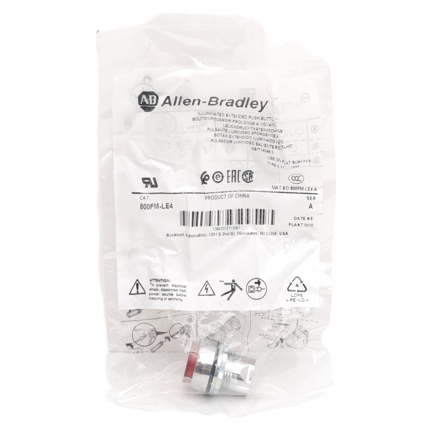 New Allen Bradley 800FM-LE4 Extended Push Button Momentary, ø22.5mm Illuminated Red