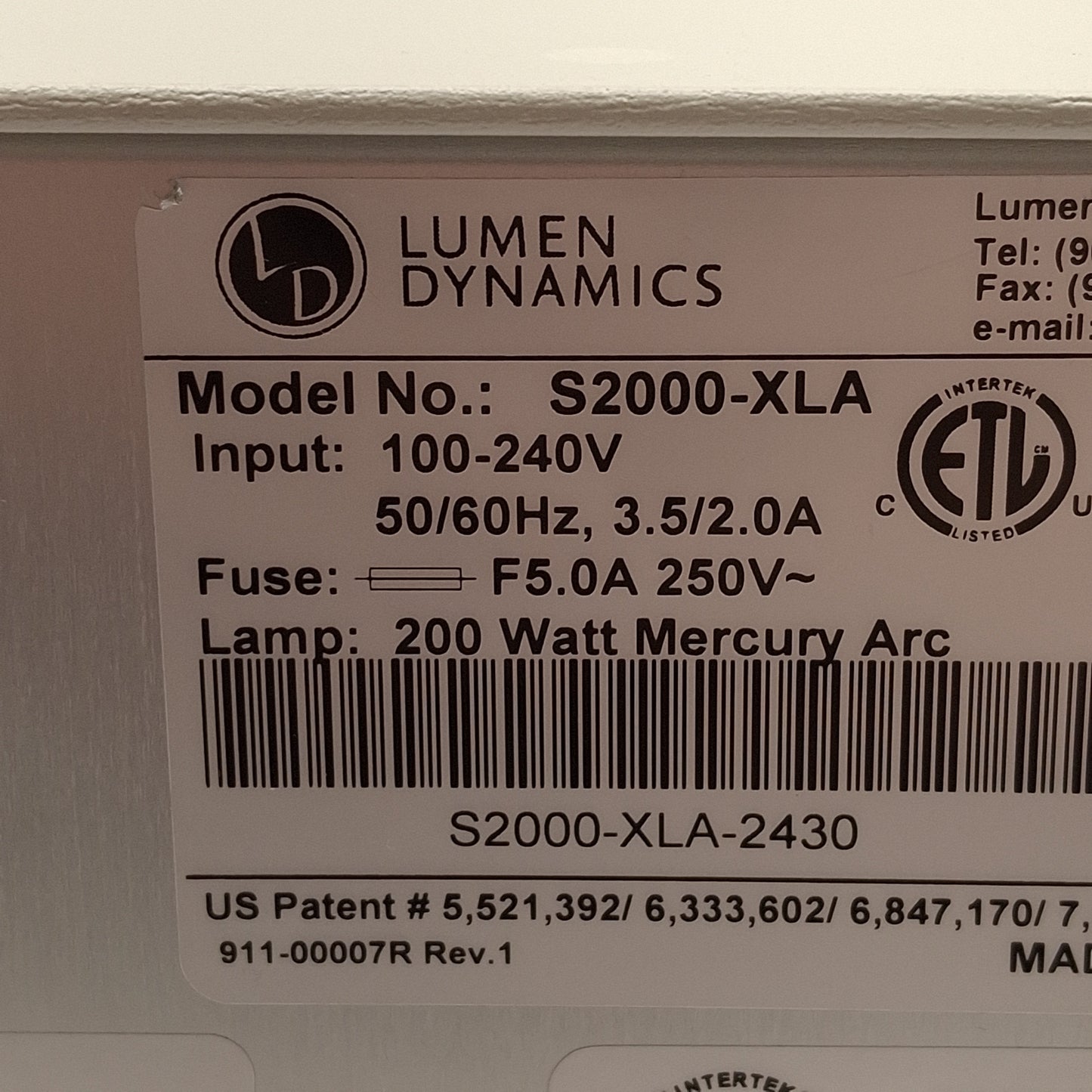 Used LDGI S2000-XLA OmniCure UV Curing System, 320-500nm, 40W/cm², 120-240VAC, 909hrs