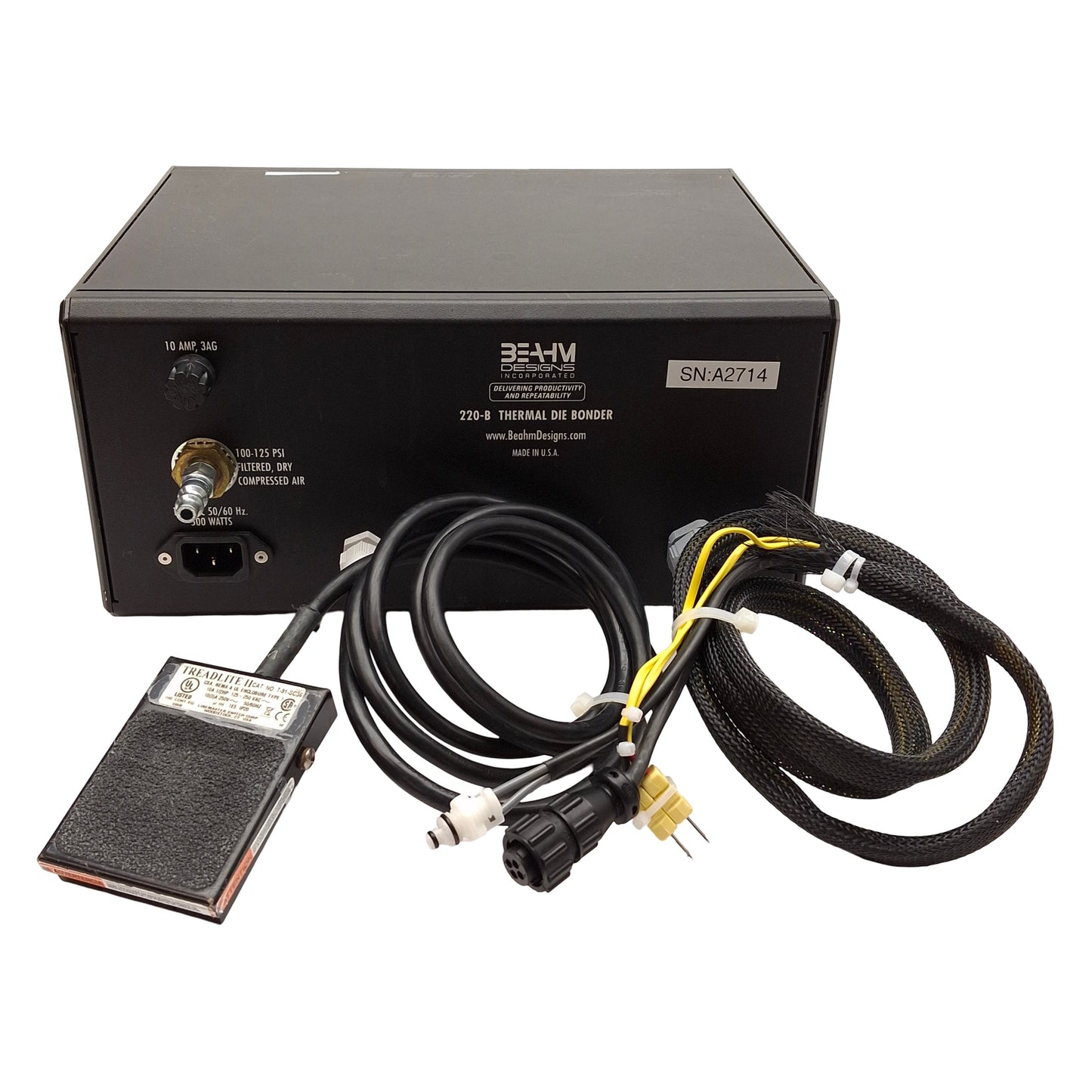 Used Beahm 220-B Thermal Die Bonder, 200-500°F, 0-100PSI, 1-9999sec Timer, 120VAC