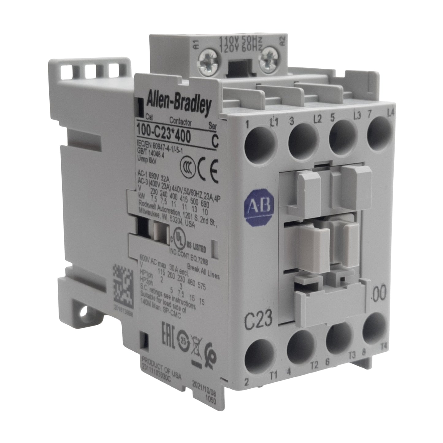 New Allen Bradley 100-C23D400 Contactor, 4-Poles, 30A 600VAC, 110/120VAC Coil
