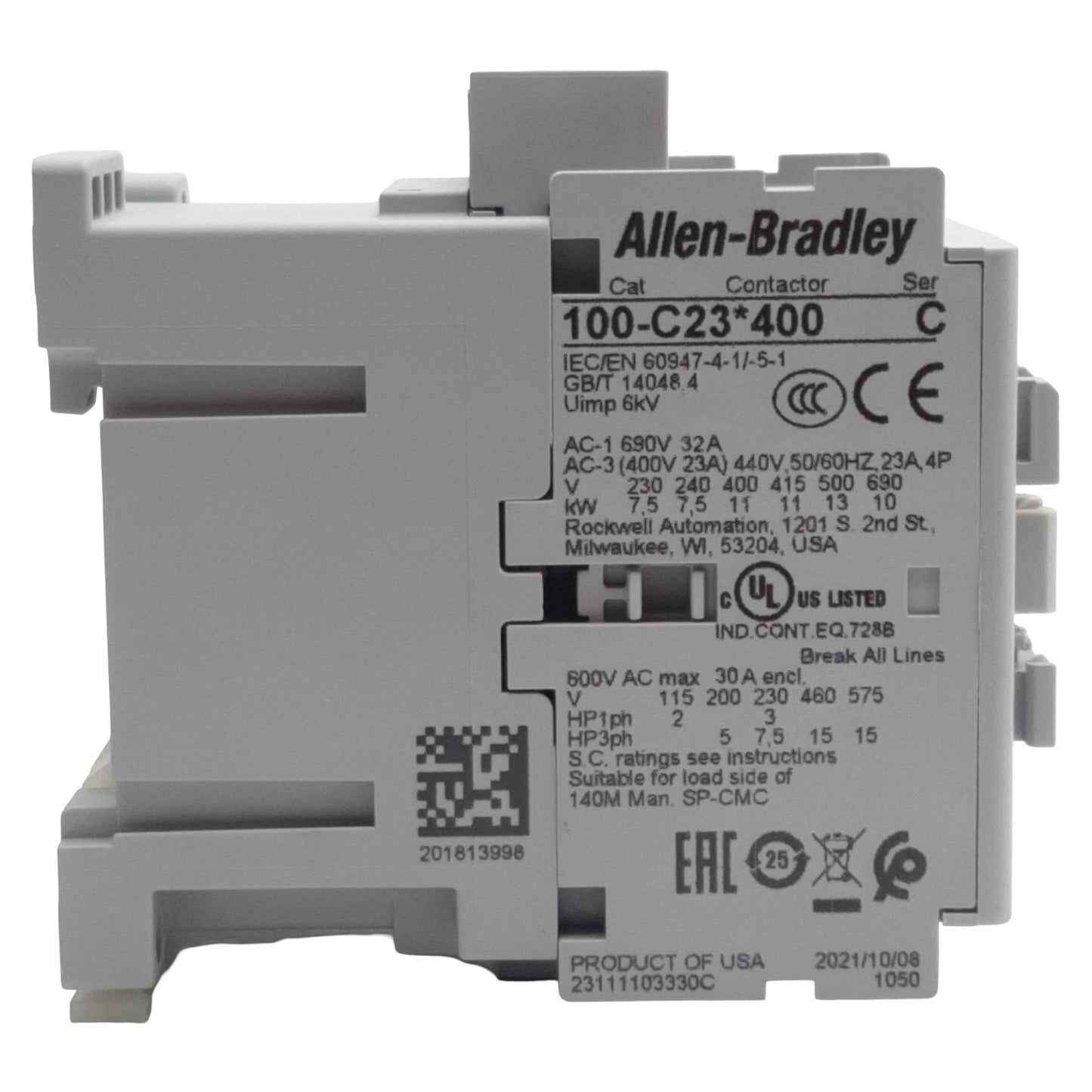New Allen Bradley 100-C23D400 Contactor, 4-Poles, 30A 600VAC, 110/120VAC Coil