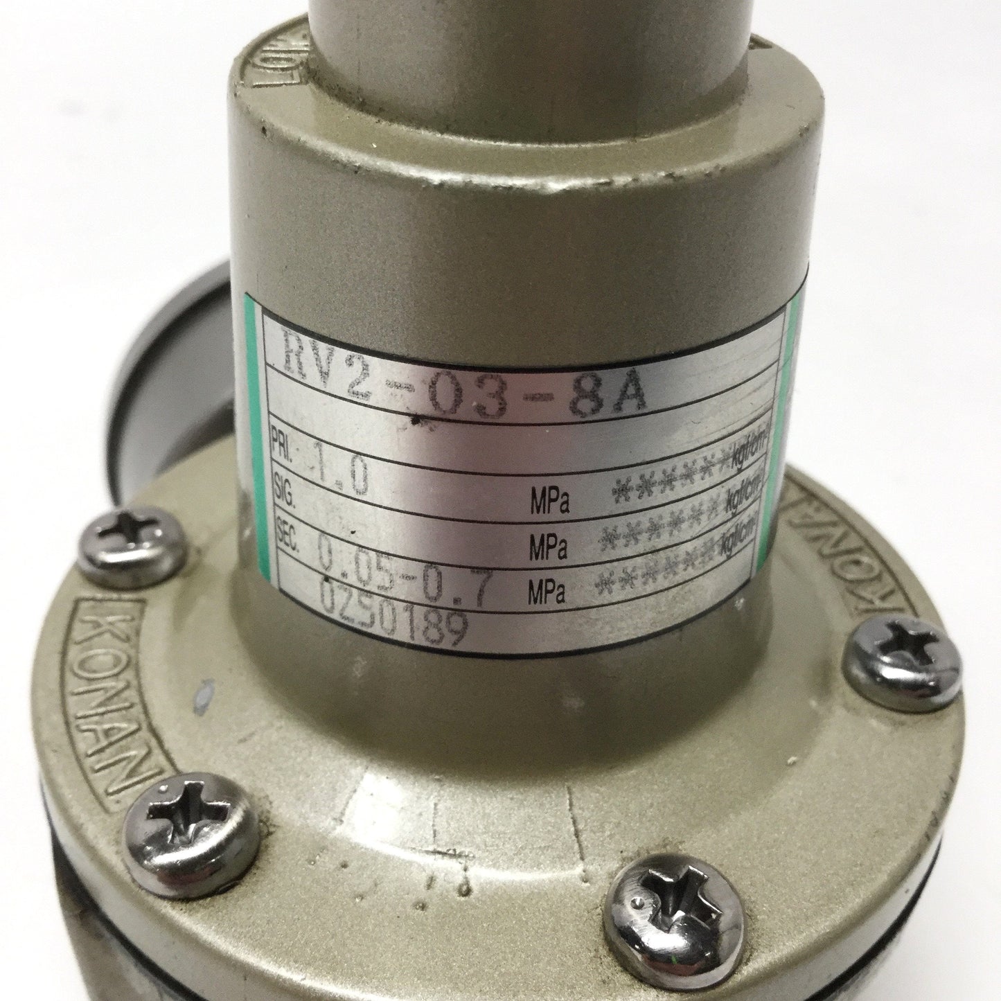 Used Konan RV2-03-8A Air Pressure Regulator 1MPa Supply, 0.05-0.7MPa, Rc 1/4 Ports