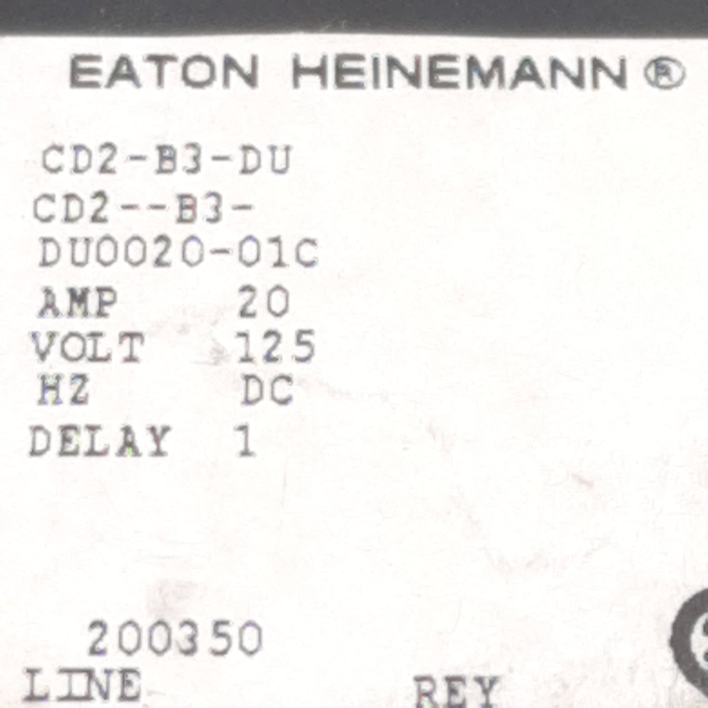 Used Eaton Heinemann CD2-B3-DU0020-01C Circuit Breaker, 2-Poles, 20A 0-125VDC