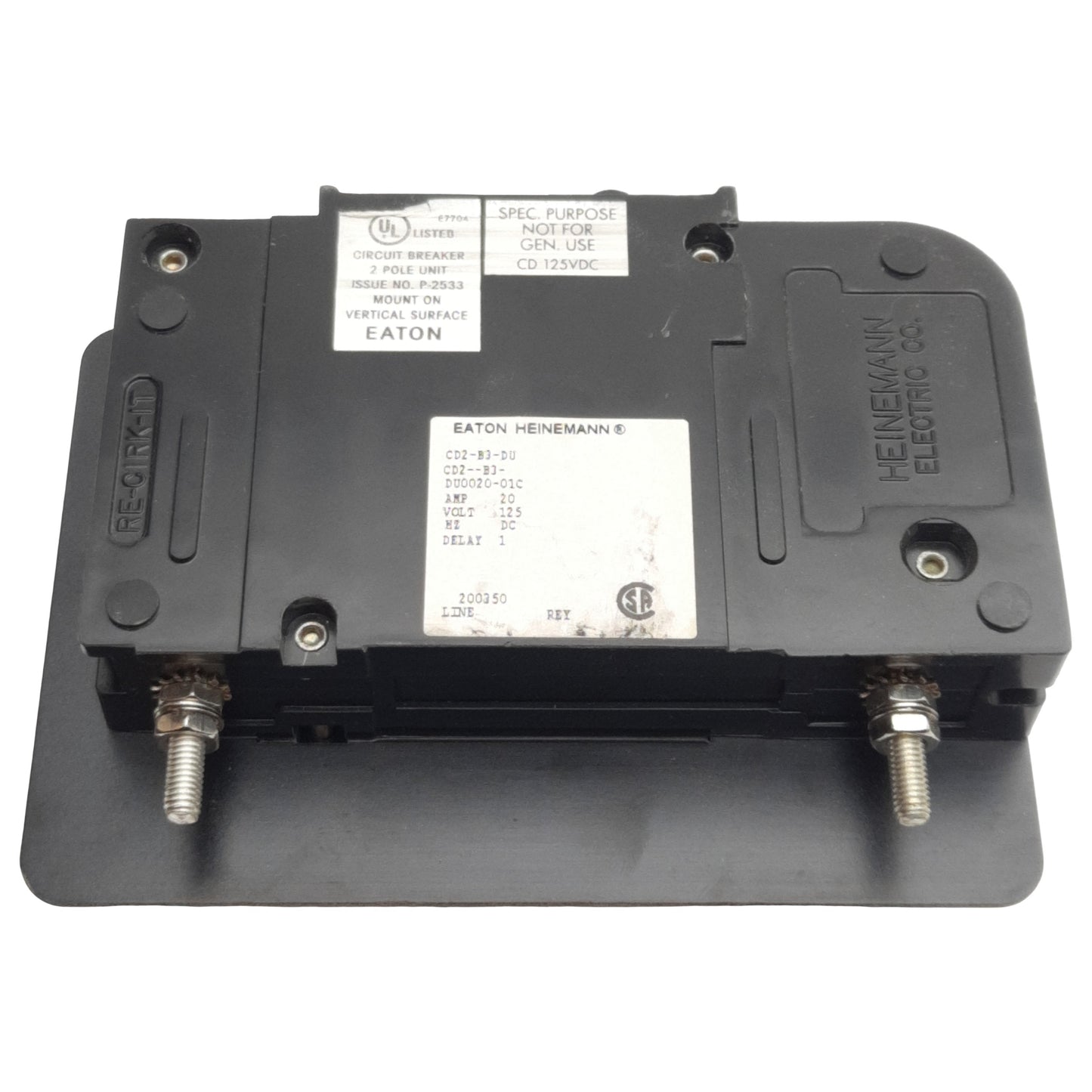 Used Eaton Heinemann CD2-B3-DU0020-01C Circuit Breaker, 2-Poles, 20A 0-125VDC
