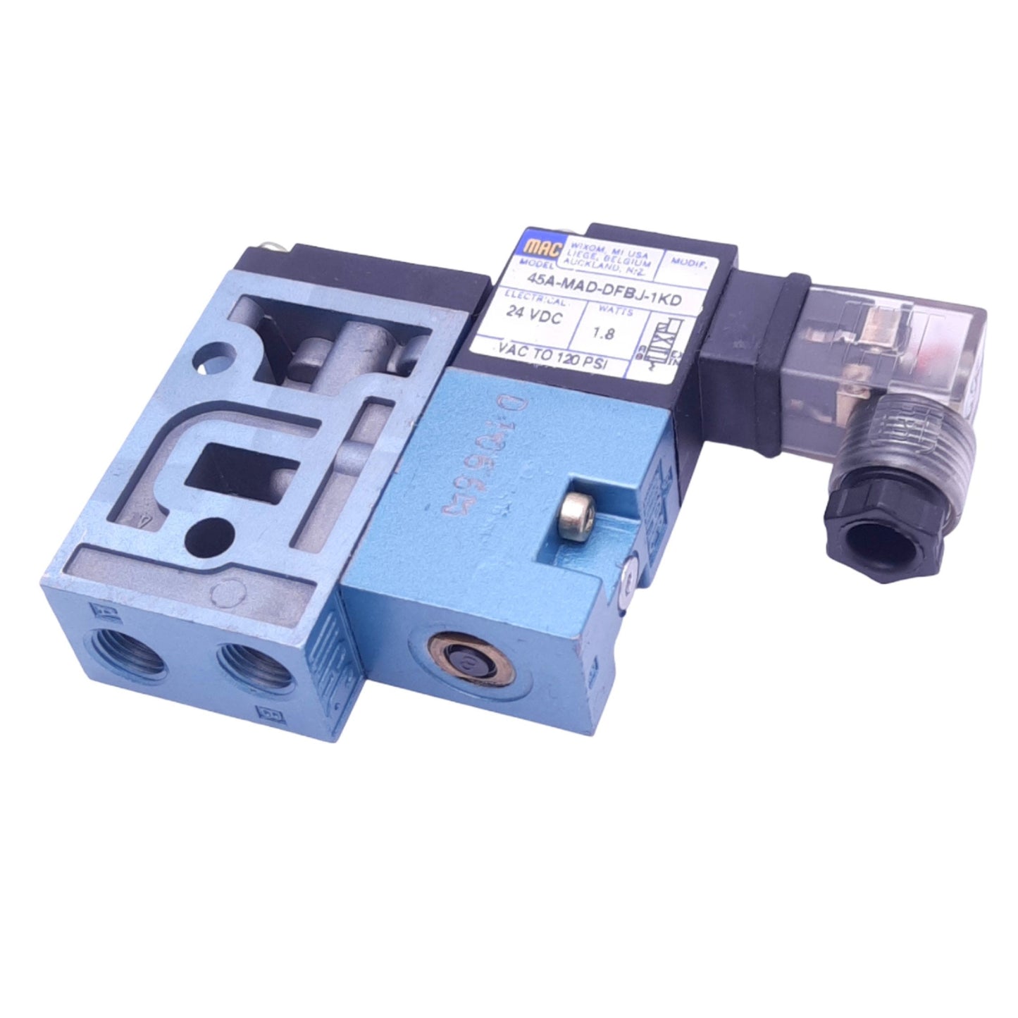 New MAC 45A-MAD-DFBJ-1KD Solenoid Valve, 4/2-Way, 120psi, 1/8in NPT, 24VDC Coil