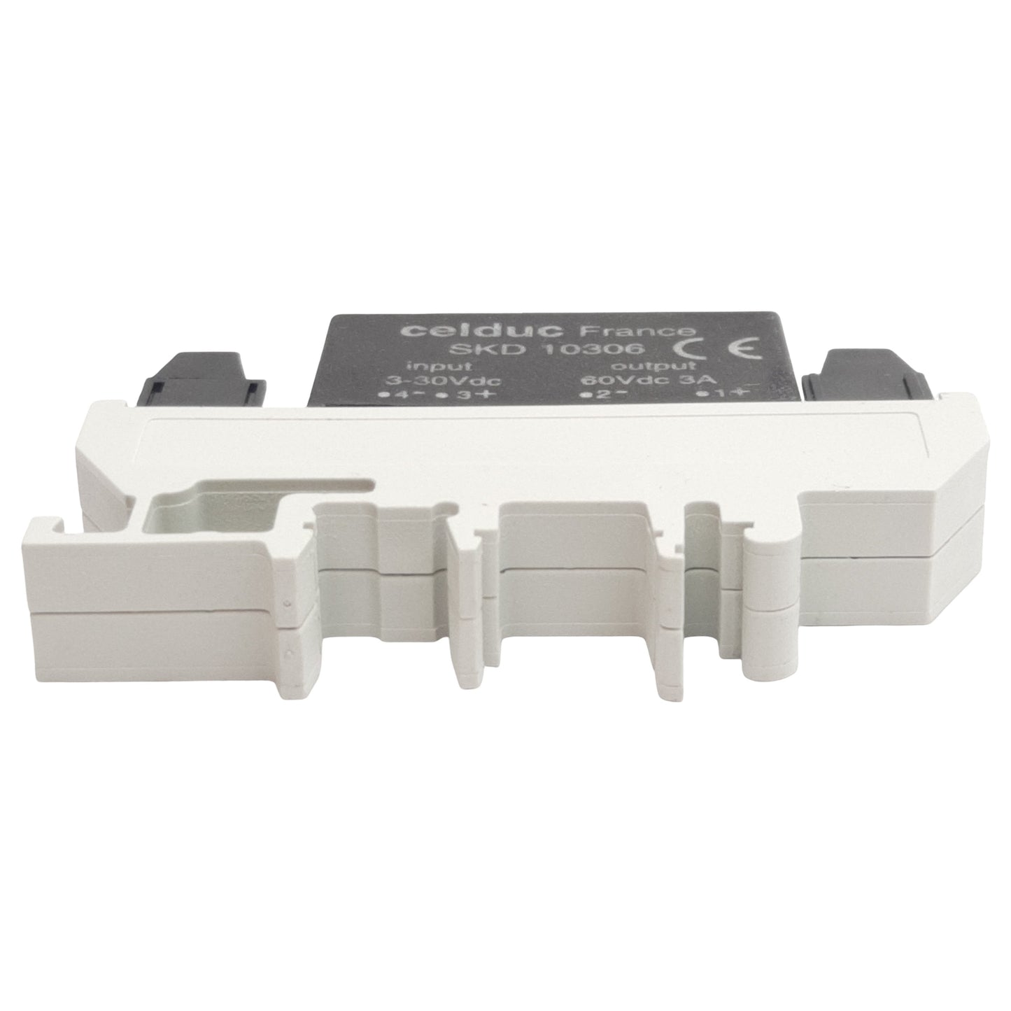 Used Celduc SKD10306 DC Solid-State Relay, 3-30VDC In, 60VDC 3A Out, DIN Rail