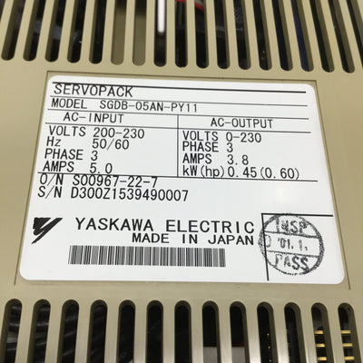 Used Yaskawa SGDB-05AN-PY11 SERVOPACK AC Motor Drive 3-Phase 200/230V 0.45kW