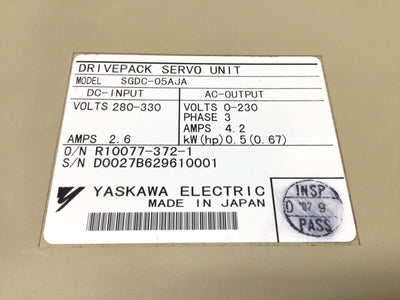 Used Yaskawa SGDC-05AJA SERVOPACK Motor Drive 280-330VDC In, 3PH 230VAC 0.5kW Out