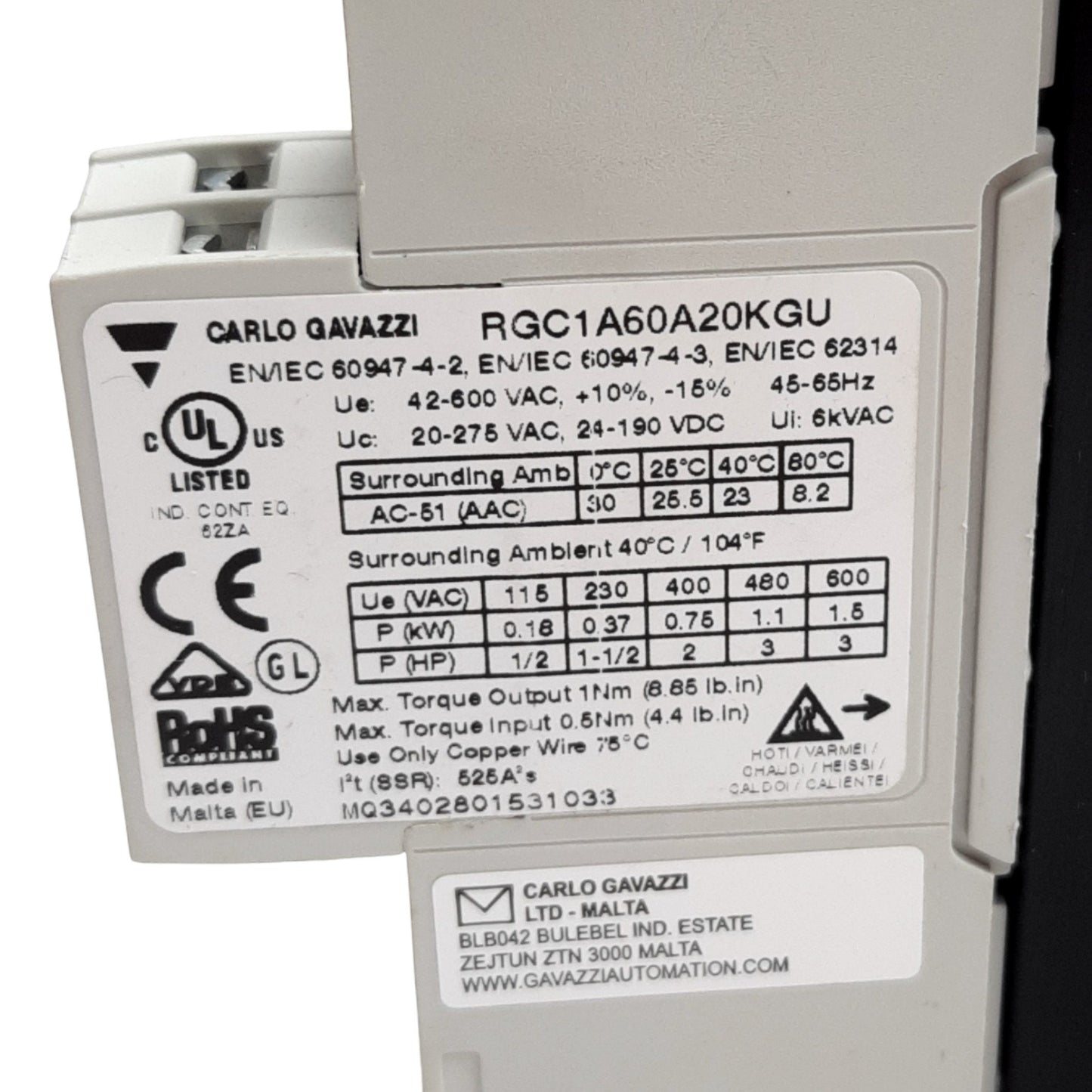New Carlo Gavazzi RGC1A60A20KGU Solid State Contactor, Control 20-275VAC / 24-190VDC