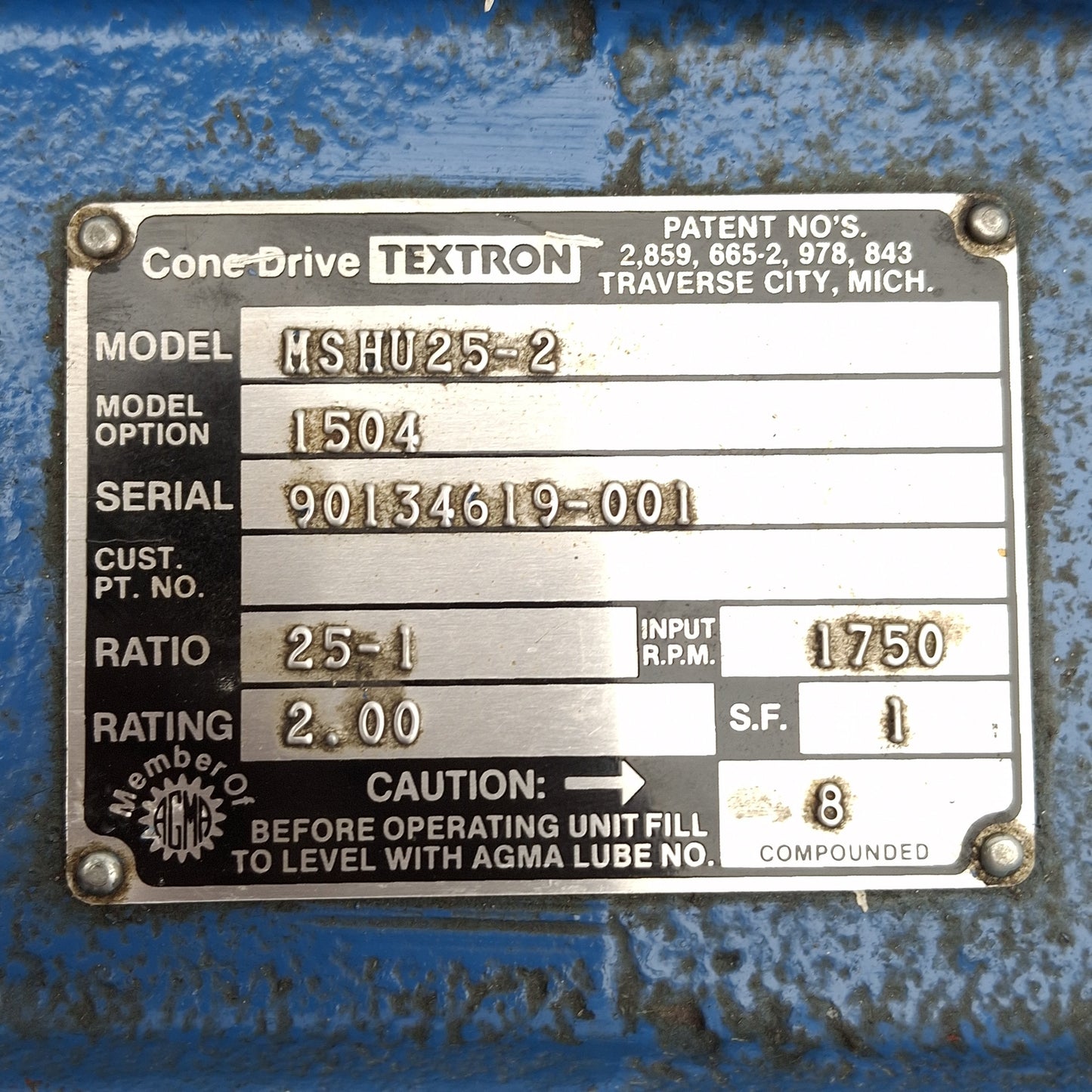 Used Cone Drive MSHU25-2 Textron Worm Gear Speed Reducer, 25:1, 1725RPM, ø2in Bore