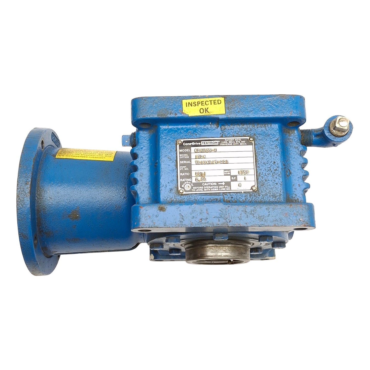 Used Cone Drive MSHU25-2 Textron Worm Gear Speed Reducer, 25:1, 1725RPM, ø2in Bore