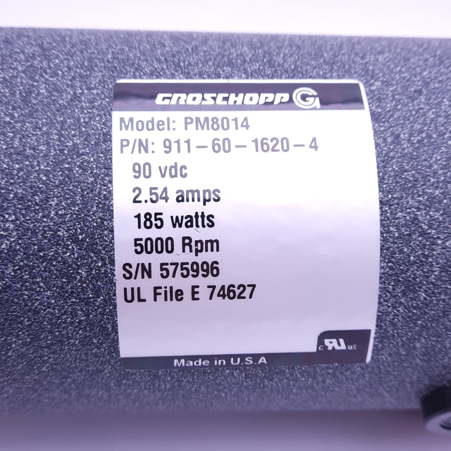 Used Groschopp PM8014 911-60-1620-4 Brushed DC Motor, 90VDC 2.54A, 185W, 5000rpm Max