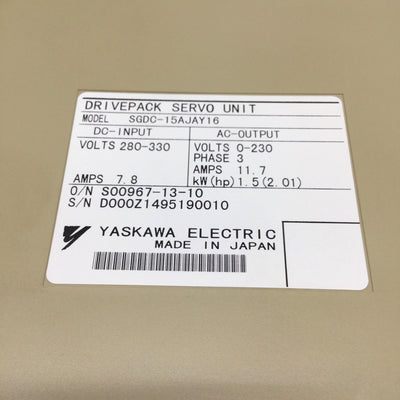 Used Yaskawa SGDC-15AJAY16 SERVOPACK Motor Drive 280-330VDC In, 3PH 230VAC 1.5kW Out